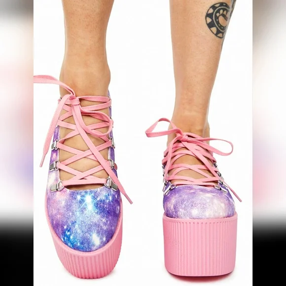 HTF Y.R.U Kaos Pink & Purple Galaxy  Ballet Platforms Size 8 (Lightly Used) - Picture 3 of 11